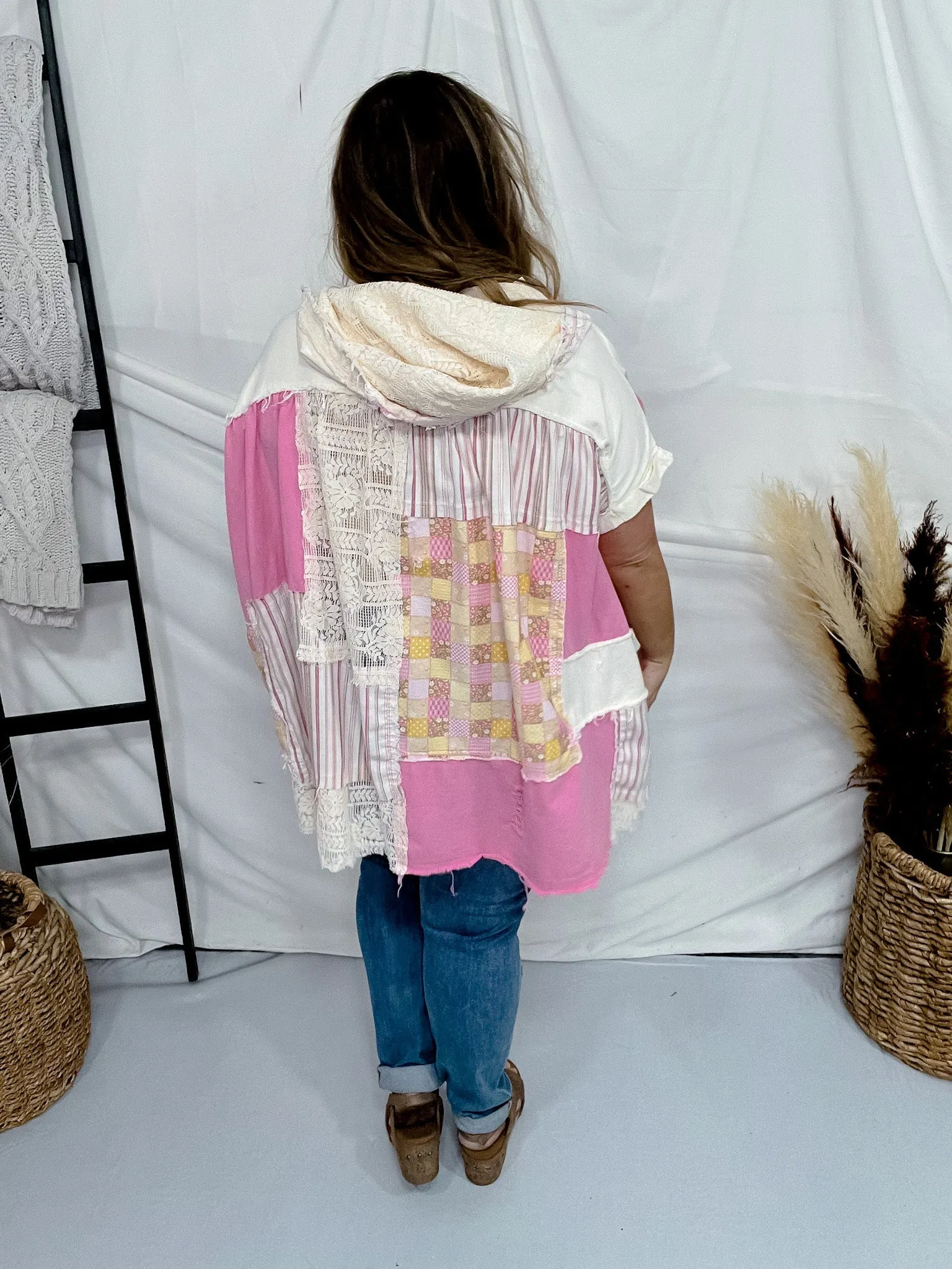 Pink Mixed Print Button Front Hooded Poncho